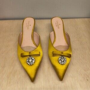 Kate Spade Darlene Yellow Satin Bow Jewel Pointed Toe Kitten Heel Mules Size 8